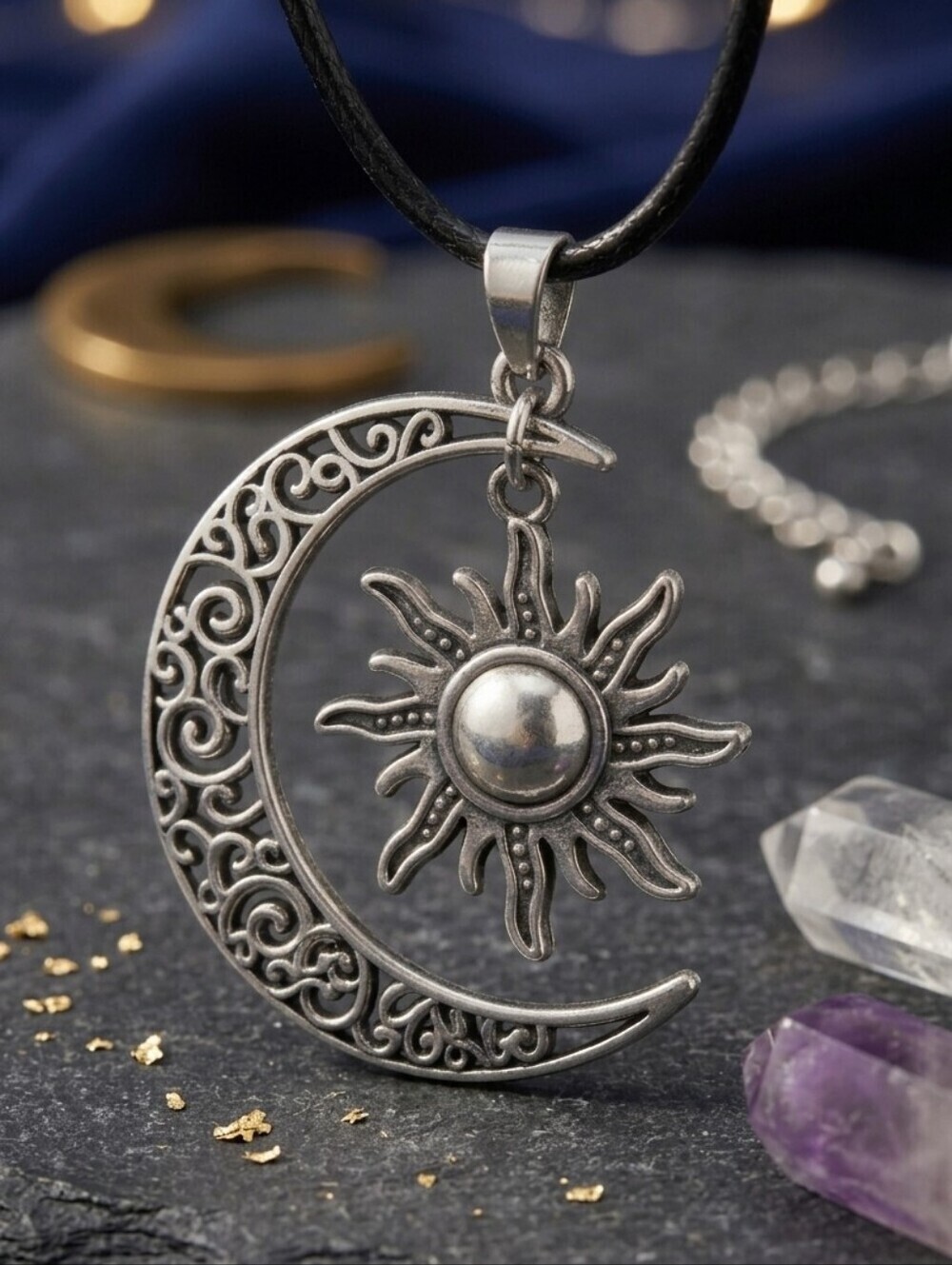 Sun Moon Silver Plated Celestial Whimsigoth Adjustable Cord Necklace 19"